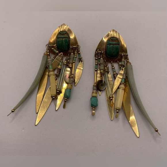 Vintage Signed Tabra Scarab Dentalium Gold Filled Dangle Earrings Pierced - Picture 9 of 12